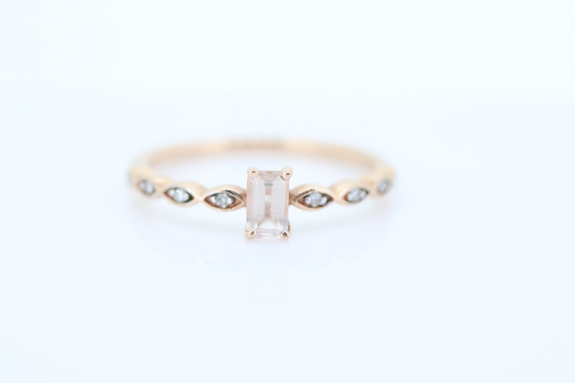 10k Morganite and Diamond ring. Rose Gold Baguette Morganite and Diamond promise ring. st(115)