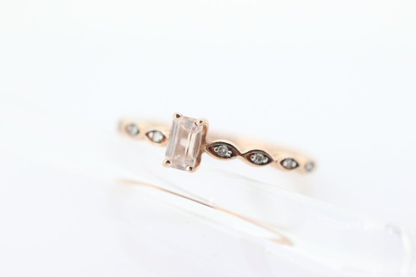 10k Morganite and Diamond ring. Rose Gold Baguette Morganite and Diamond promise ring. st(115)