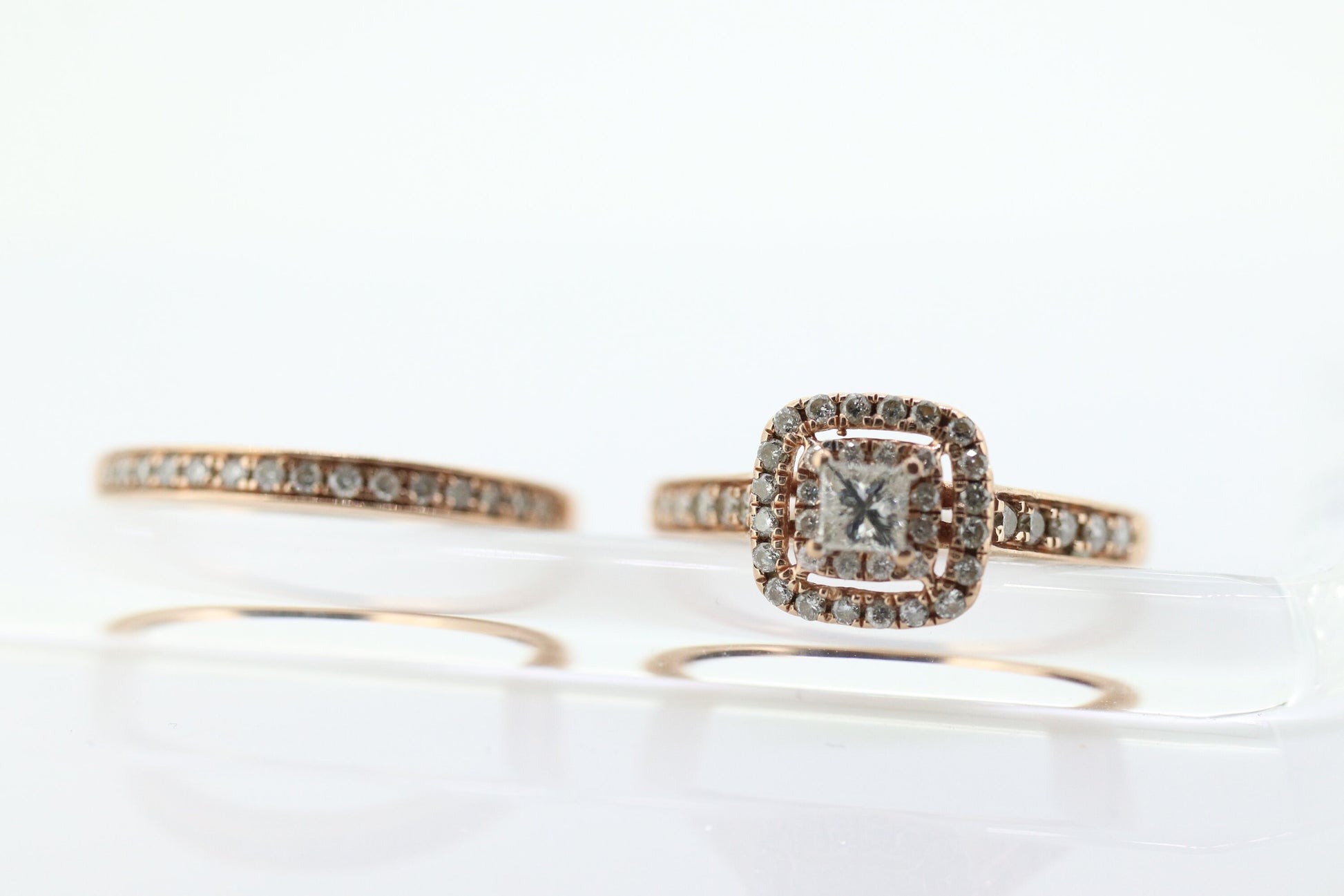 10k Rose Gold Diamond Wedding Ring set. Princess cut Double Halo Wedding Set. Engagement set. Bridal Set rings. Eternity band. st(316)