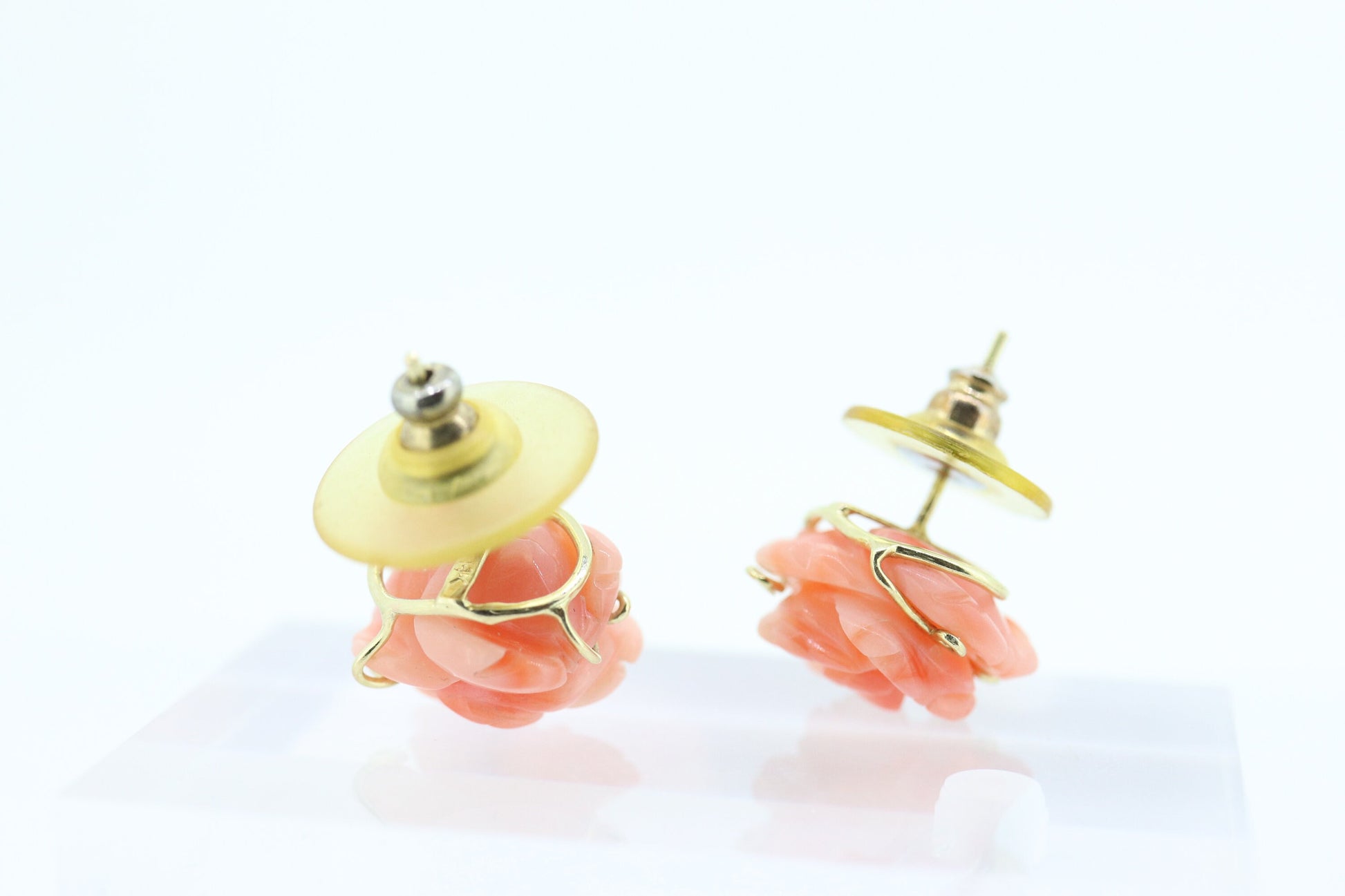 Coral Earrings. 14k Carved Coral Rose Flower Blooming Earrings. Large Carved Flower Coral Studs st(69)