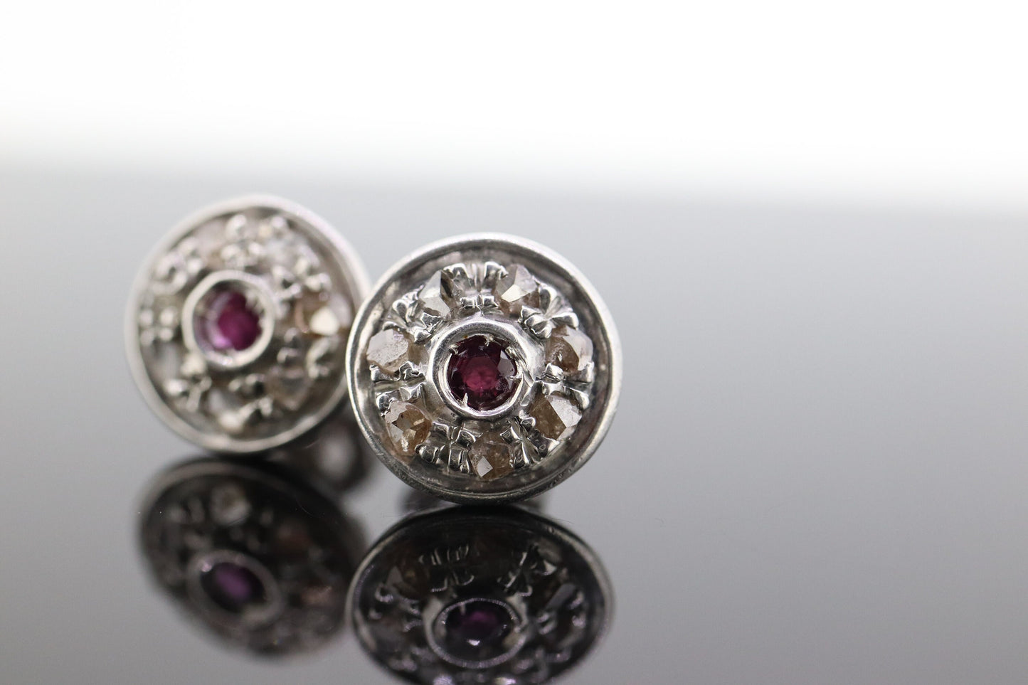 14k Ruby and Diamond Halo Gold Stud Earrings. Vintage Rough cut diamond ruby button round earrings. st(40)