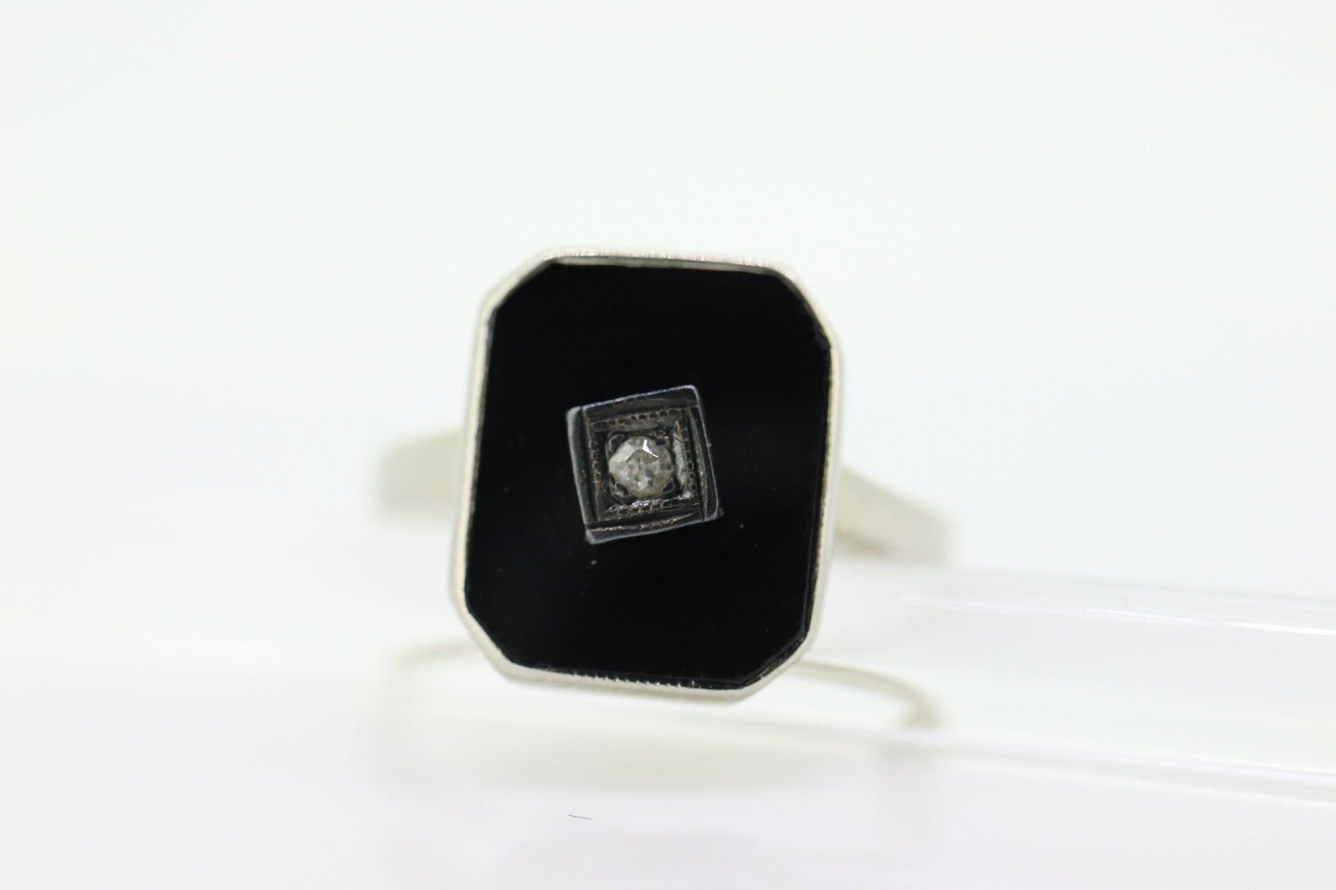 Art Deco Onyx and Diamond Ring. 14k White Gold Rectangle Onyx and Diamond ring. Mourning ring. st(150)