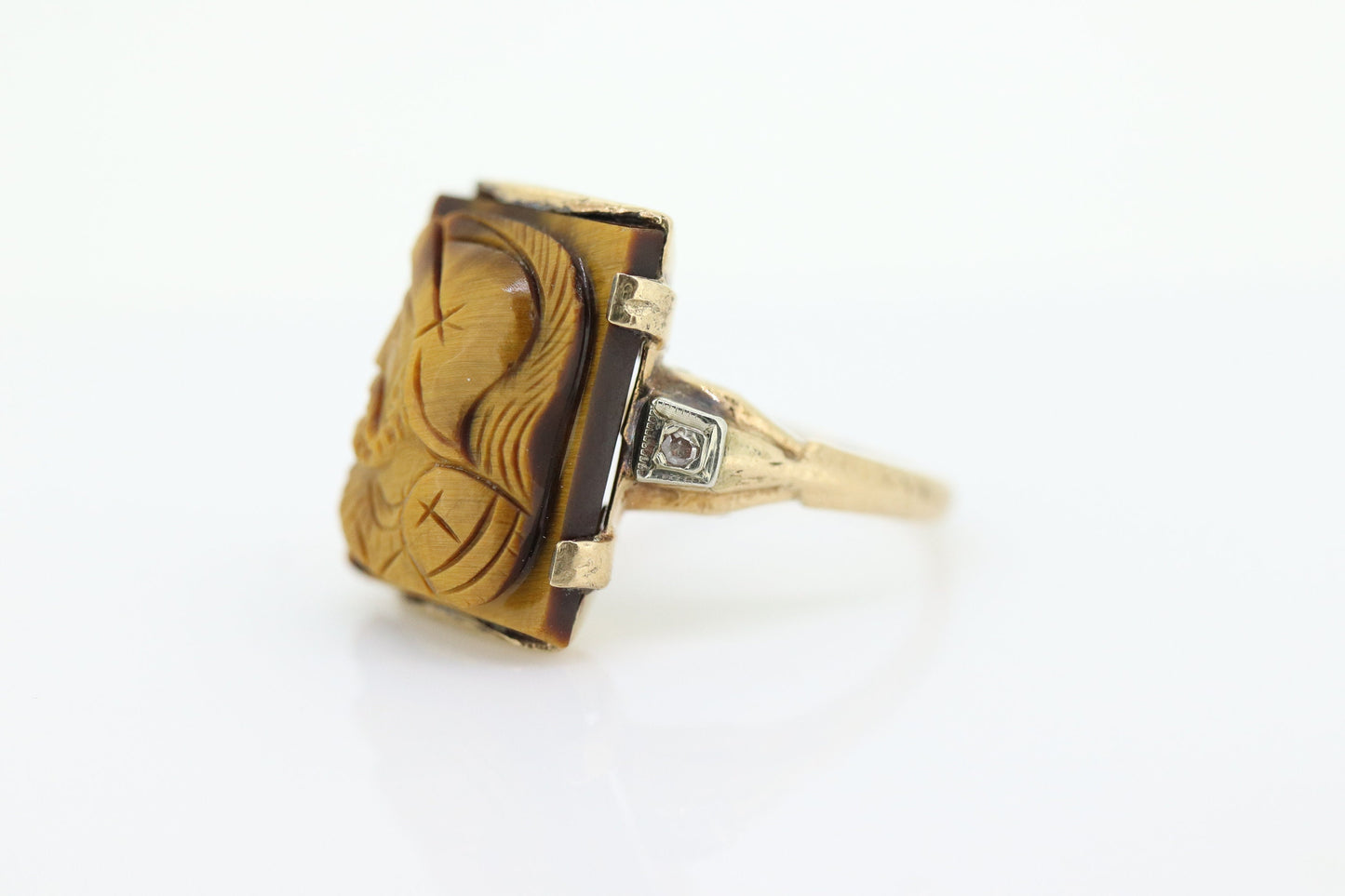 10k Tiger Eye Cameo Diamond Signet Ring. 10k gold Heavy Carved Warrior Mens or Womens ring. st(150)