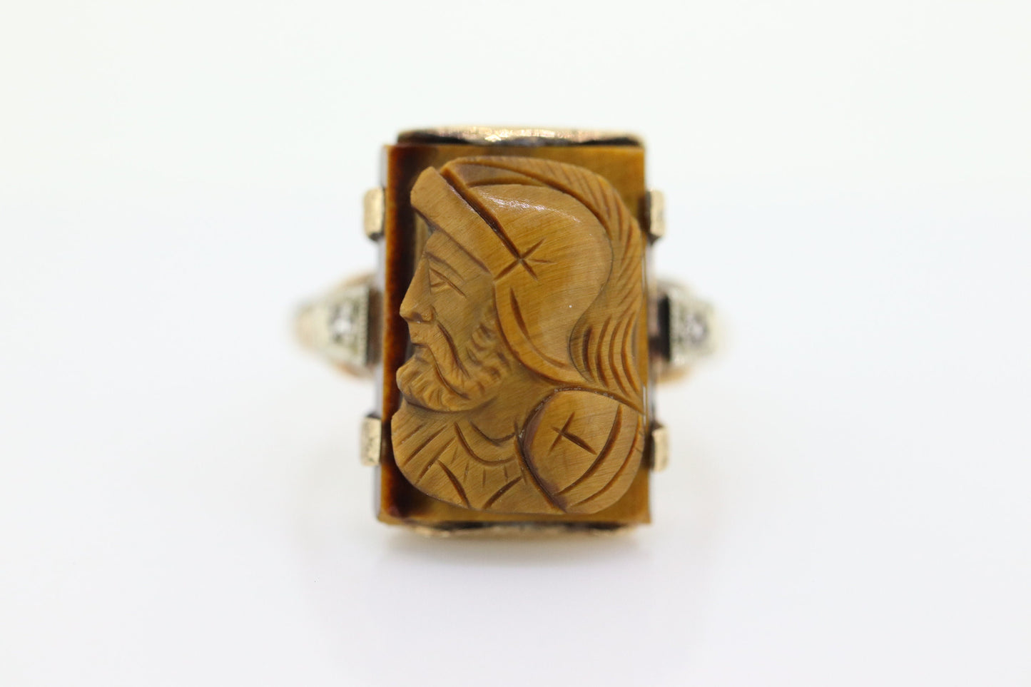 10k Tiger Eye Cameo Diamond Signet Ring. 10k gold Heavy Carved Warrior Mens or Womens ring. st(150)