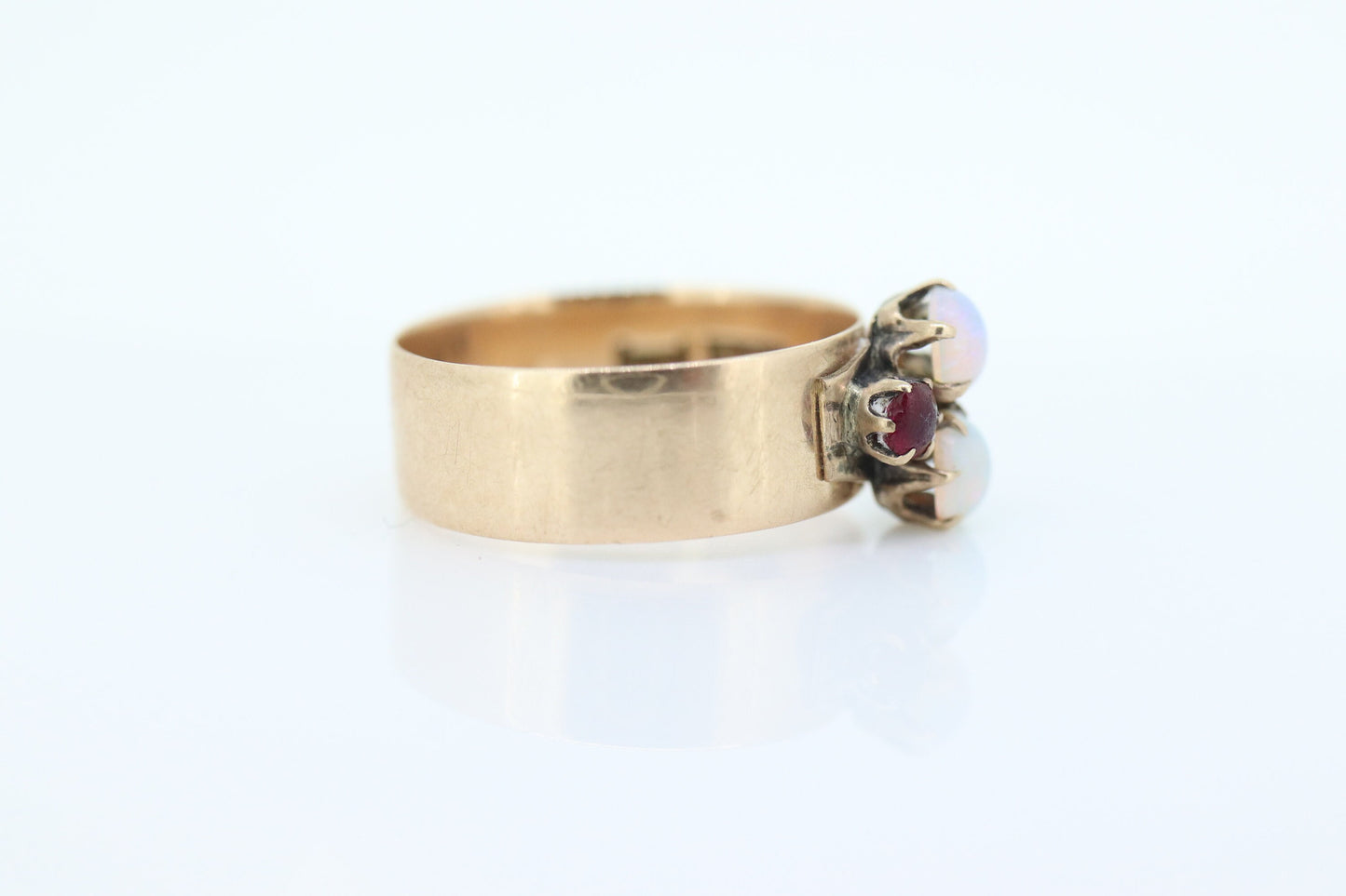 10k Victorian Opal and Garnet ring. 10k Gold Victorian claw opal ring. Wide Cigar BAnd. st(196)