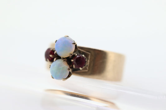 10k Victorian Opal and Garnet ring. 10k Gold Victorian claw opal ring. Wide Cigar BAnd. st(196)