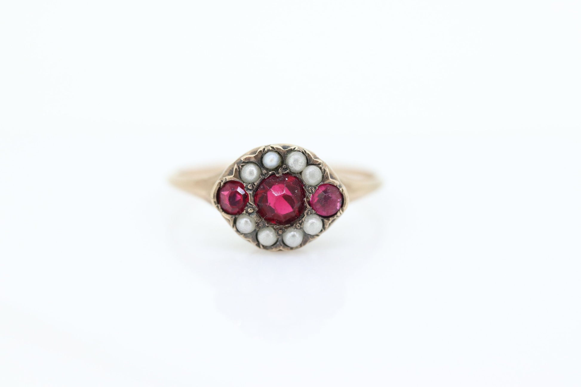 Victorian Garnet and Pearl Seed ring. 10k Rose Gold. 10k Victorian canister cluster ring. st(161)