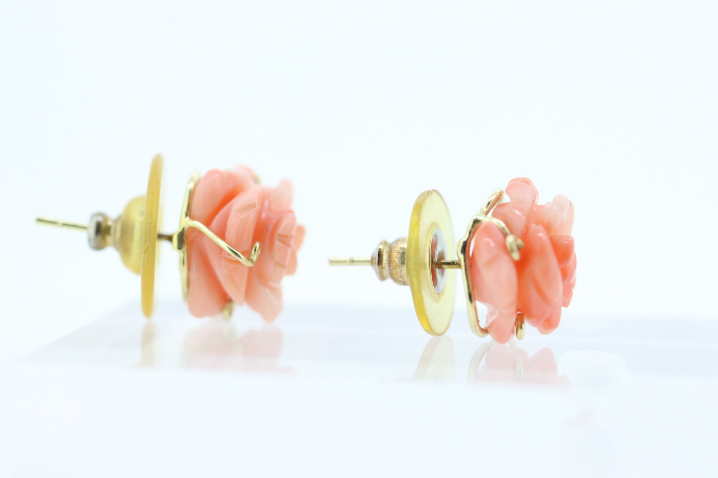 Coral Earrings. 14k Carved Coral Rose Flower Blooming Earrings. Large Carved Flower Coral Studs st(69)