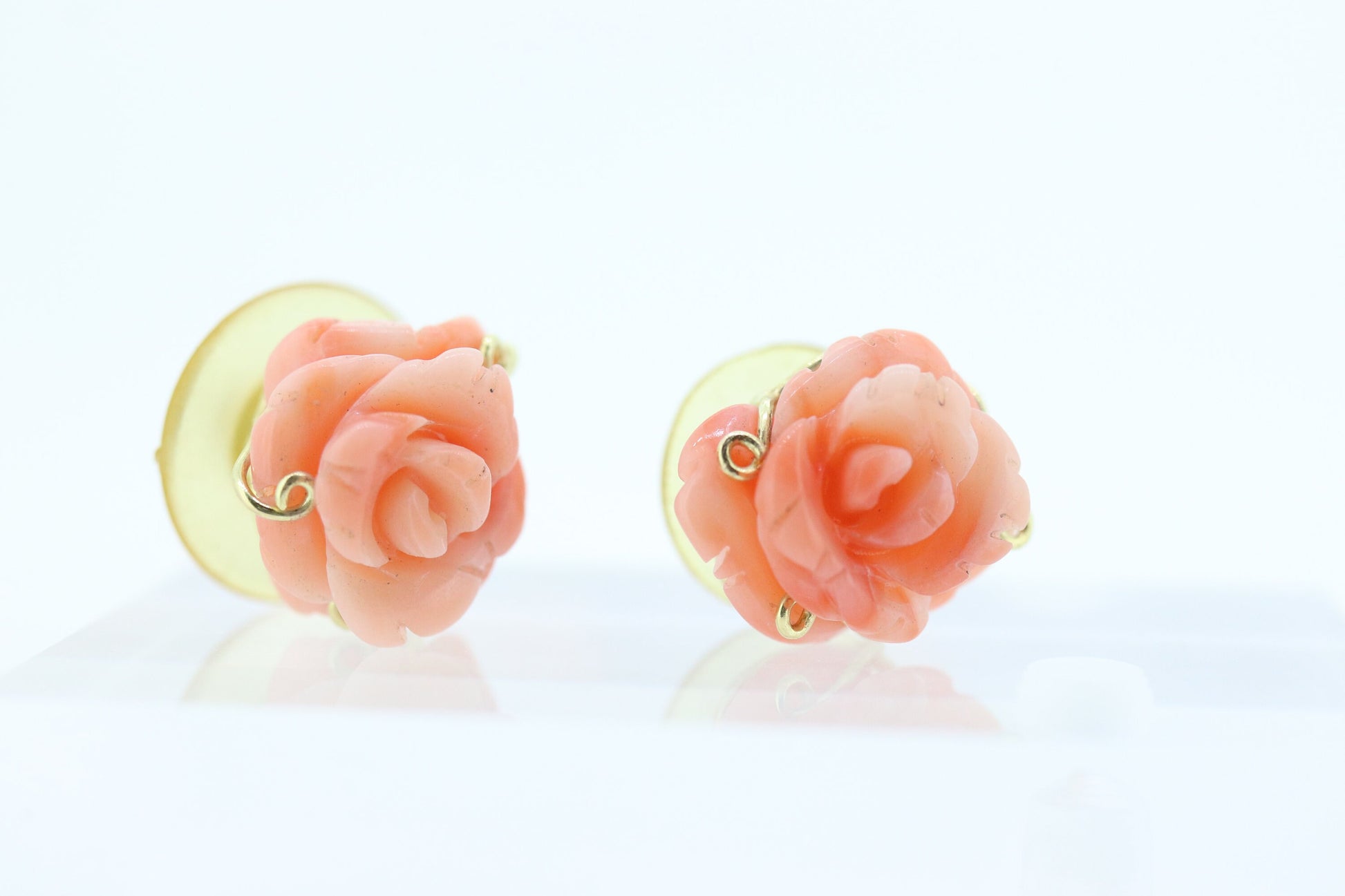 Coral Earrings. 14k Carved Coral Rose Flower Blooming Earrings. Large Carved Flower Coral Studs st(69)