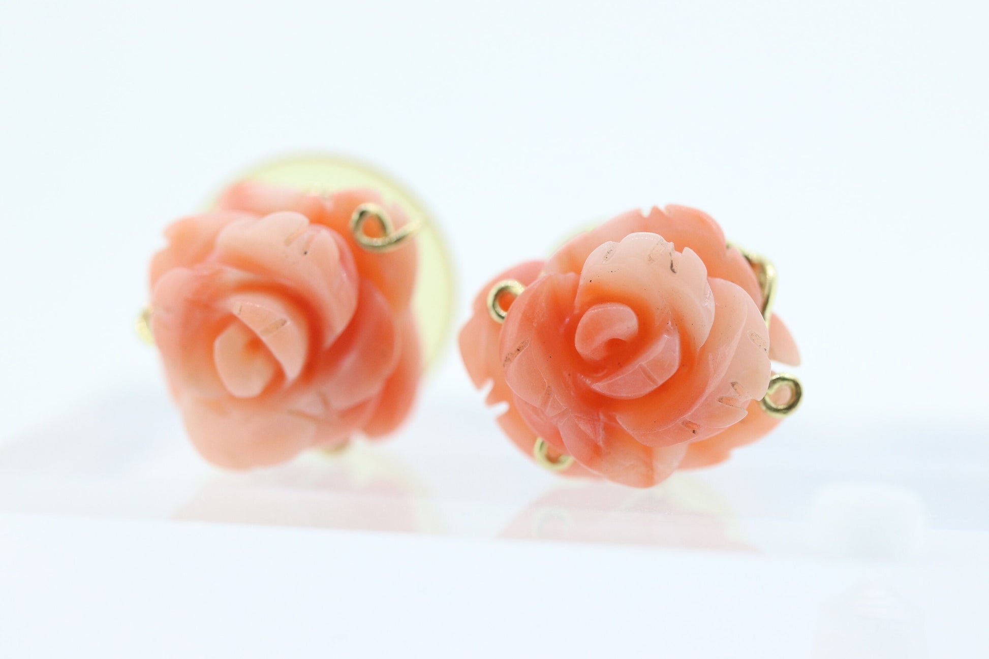 Coral Earrings. 14k Carved Coral Rose Flower Blooming Earrings. Large Carved Flower Coral Studs st(69)