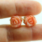 Coral Earrings. 14k Carved Coral Rose Flower Blooming Earrings. Large Carved Flower Coral Studs st(69)