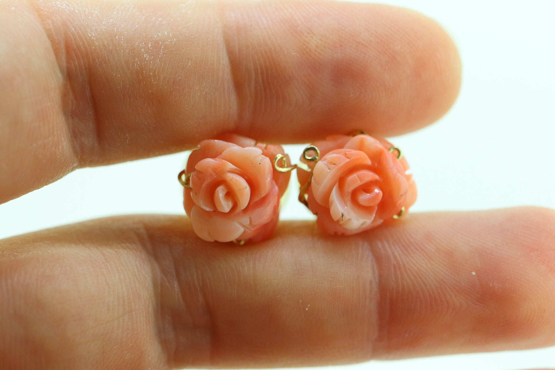 Coral Earrings. 14k Carved Coral Rose Flower Blooming Earrings. Large Carved Flower Coral Studs st(69)