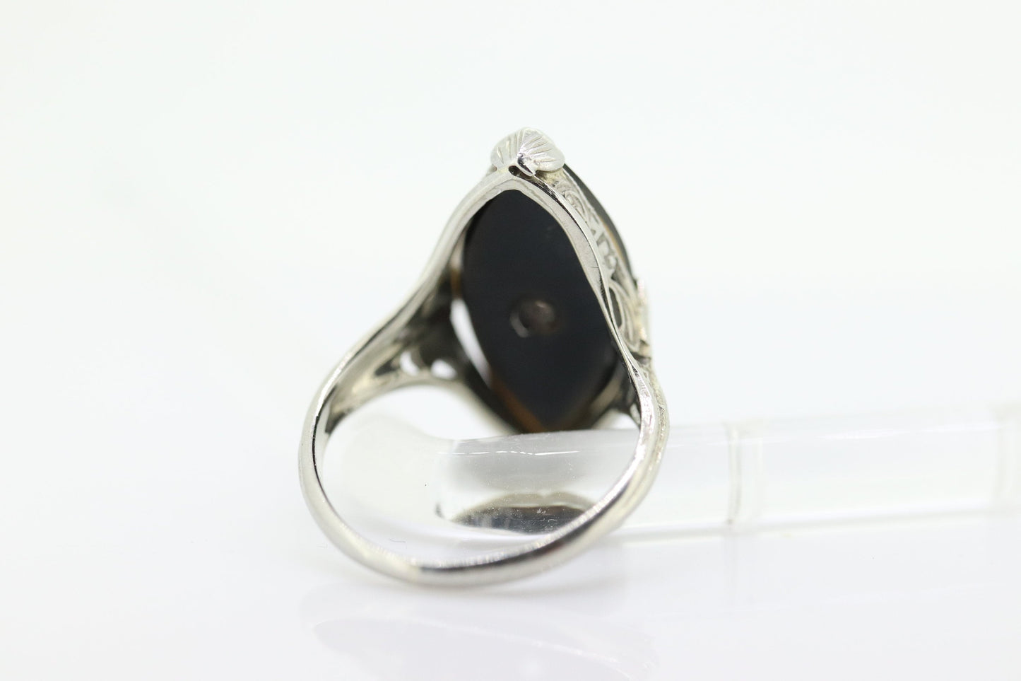 Art Deco Onyx and Sapphire Ring. 14k Filigree White Gold Marquise Onyx and White Sapphire ring. Mourning ring (st230)