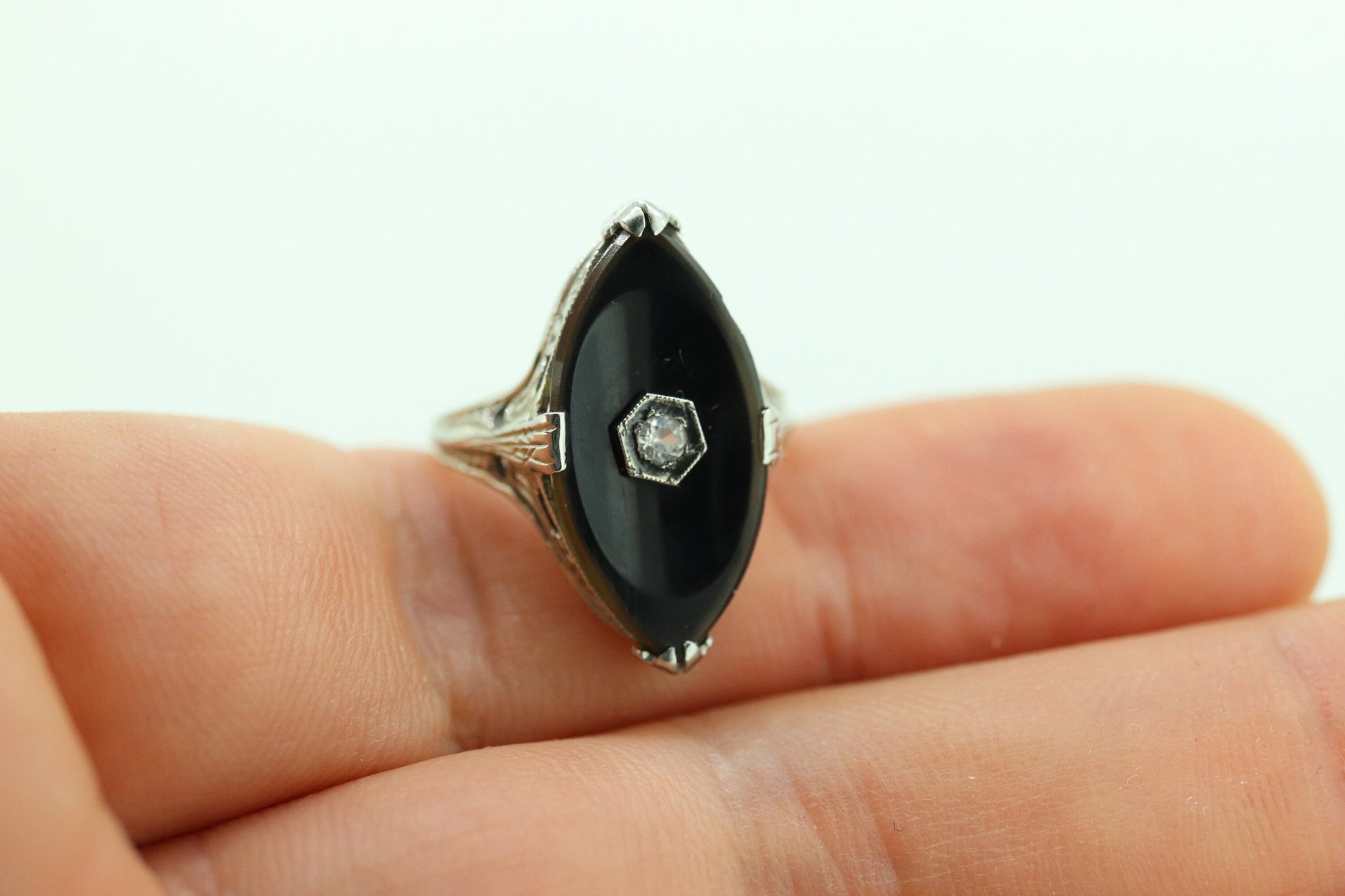 Art Deco Onyx and Sapphire Ring. 14k Filigree White Gold Marquise Onyx and White Sapphire ring. Mourning ring (st230)