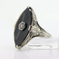 Art Deco Onyx and Sapphire Ring. 14k Filigree White Gold Marquise Onyx and White Sapphire ring. Mourning ring (st230)