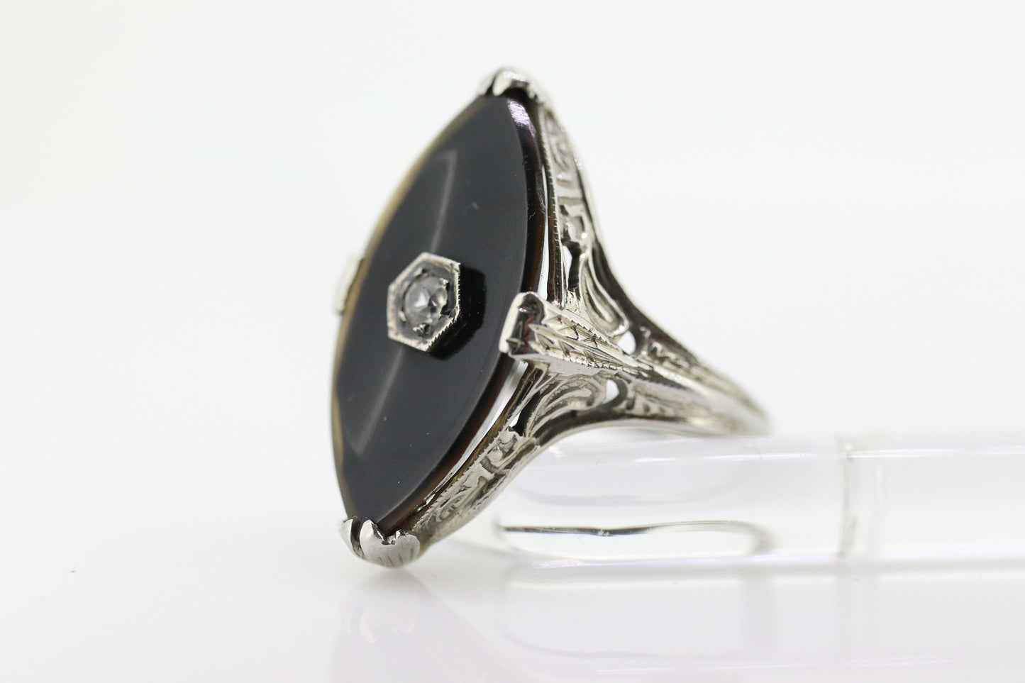 Art Deco Onyx and Sapphire Ring. 14k Filigree White Gold Marquise Onyx and White Sapphire ring. Mourning ring (st230)