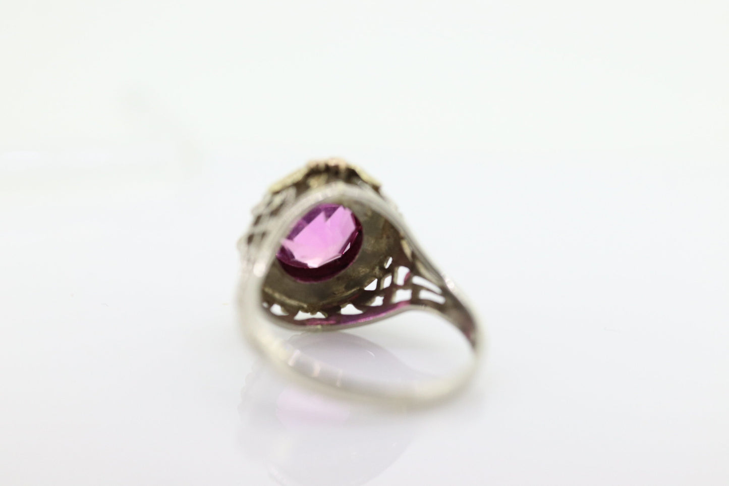 Antique 14k Gold Art Deco Sapphire ring. PINK SAPPHIRE Pearl seed enamel flower filigree ring. st(142)