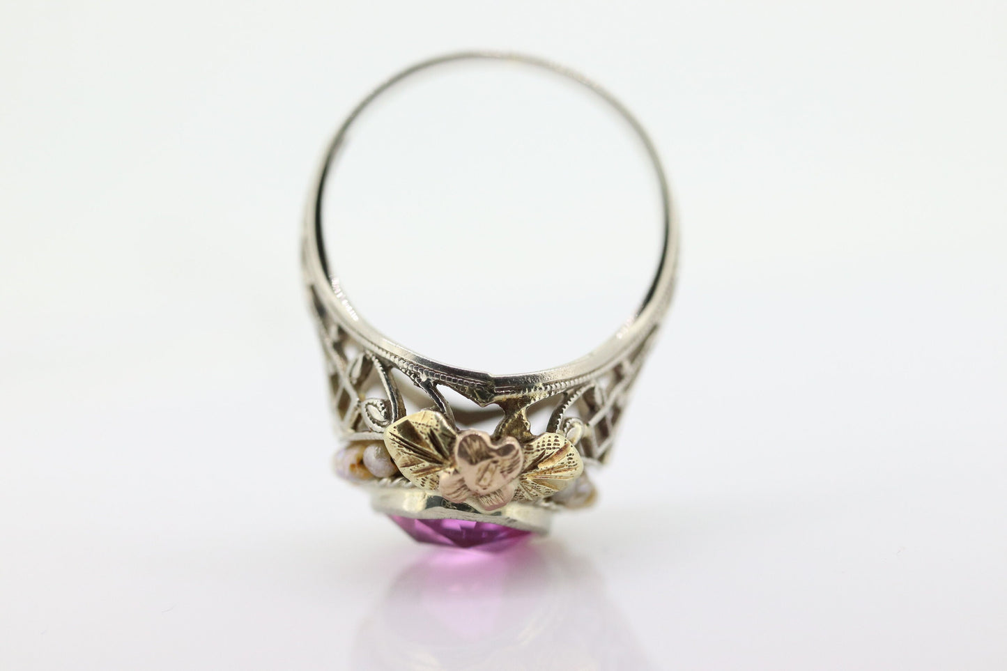 Antique 14k Gold Art Deco Sapphire ring. PINK SAPPHIRE Pearl seed enamel flower filigree ring. st(142)