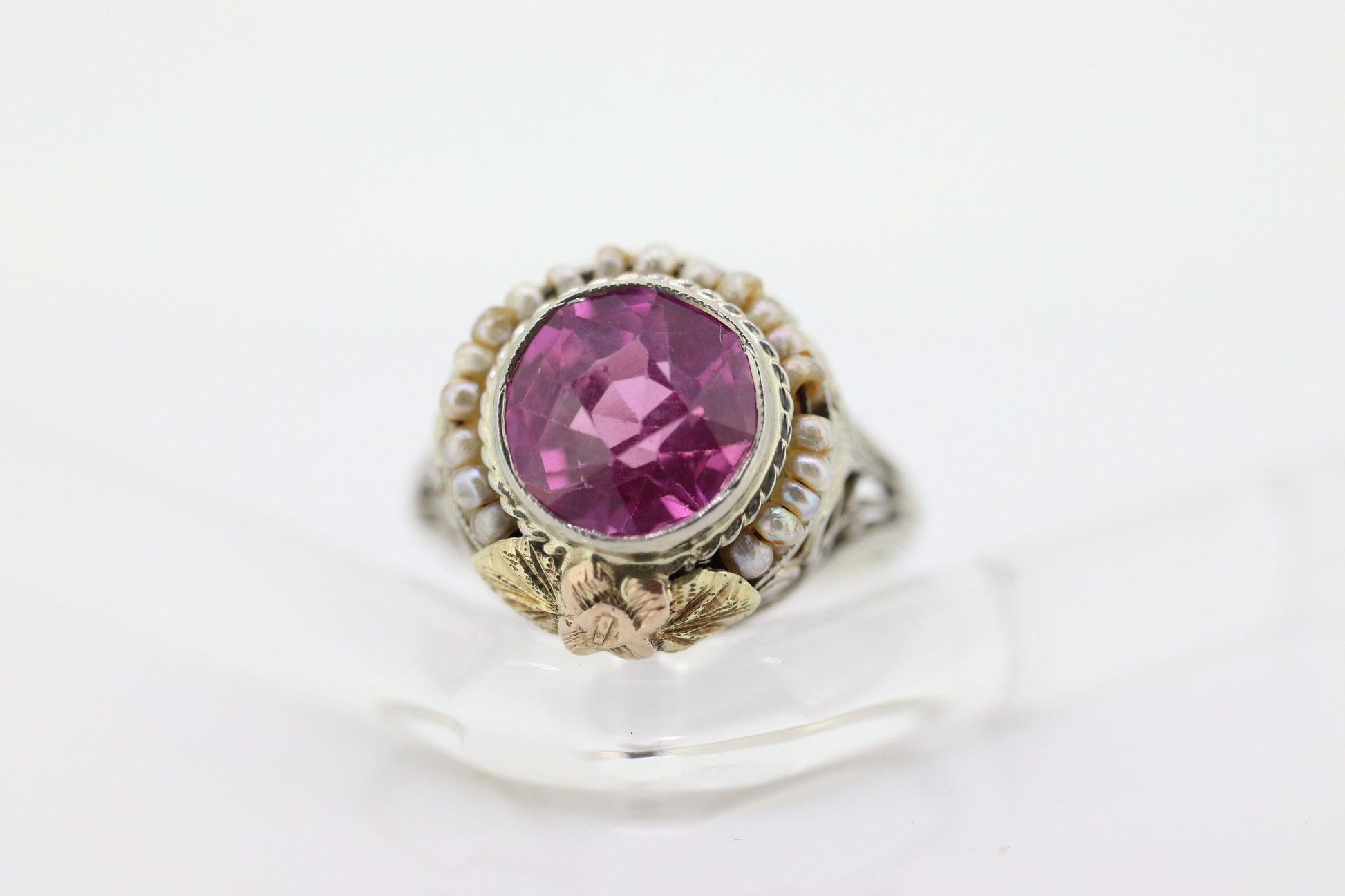 Antique 14k Gold Art Deco Sapphire ring. PINK SAPPHIRE Pearl seed enamel flower filigree ring. st(142)