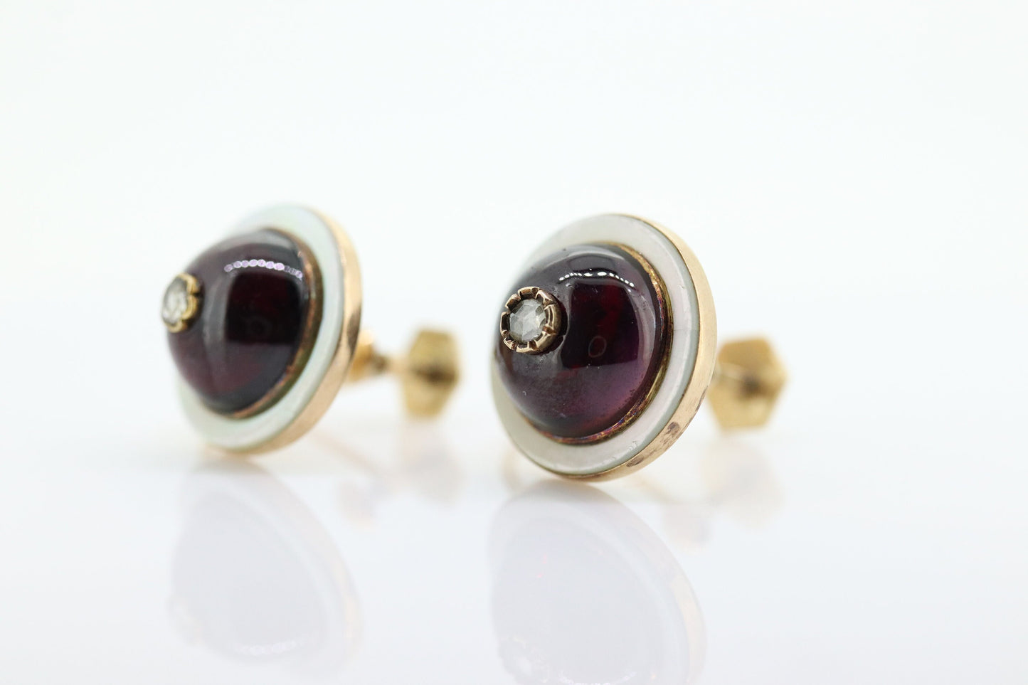 Antique Garnet Diamond Earrings. 10k Gold Victorian Etruscan Garnet Cabochon with Diamond center burst. MOP halo. st(59)