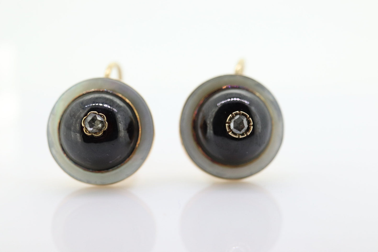 Antique Garnet Diamond Earrings. 10k Gold Victorian Etruscan Garnet Cabochon with Diamond center burst. MOP halo. st(59)