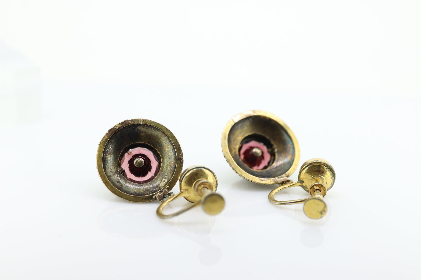 Antique Garnet Pearl seed Earrings. 14k Gold Victorian Etruscan Garnet Dangle Unpierced Screw back st(55)