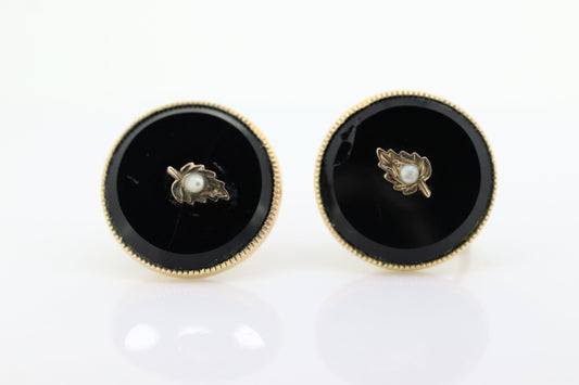 Antique Victorian Onyx and Pearl Seed Earrings. Victorian 1800s Mourning Onyx Non Pierced Screw Back Earrings. st(50)