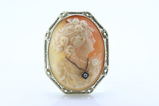 14k White Gold Cameo w/ Diamond, Vintage Filigree Carved Shell Brooch Pin or Pendant. Carved Cameo Shell Pendant and Brooch. st(106)