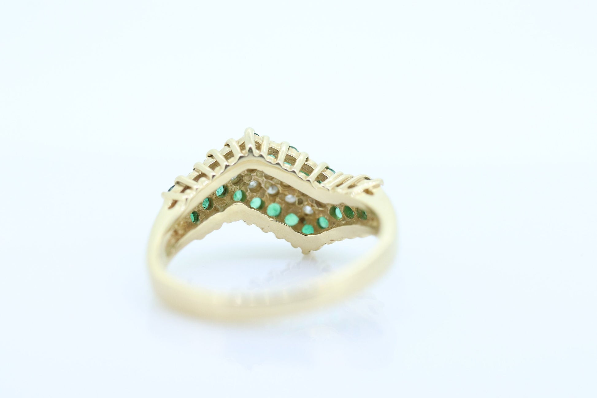 10k Diamond Emerald Pave Encrusted Band. 10k Yellow Gold Diamond Emerald Dome bypass Cluster band. st(110)