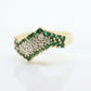10k Diamond Emerald Pave Encrusted Band. 10k Yellow Gold Diamond Emerald Dome bypass Cluster band. st(110)