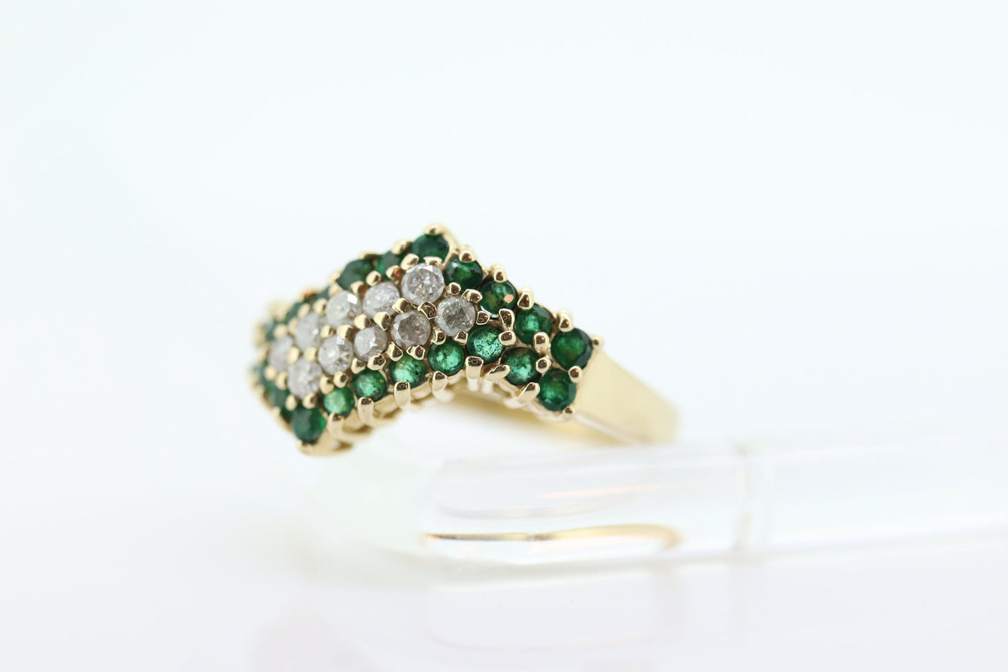 10k Diamond Emerald Pave Encrusted Band. 10k Yellow Gold Diamond Emerald Dome bypass Cluster band. st(110)