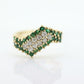 10k Diamond Emerald Pave Encrusted Band. 10k Yellow Gold Diamond Emerald Dome bypass Cluster band. st(110)