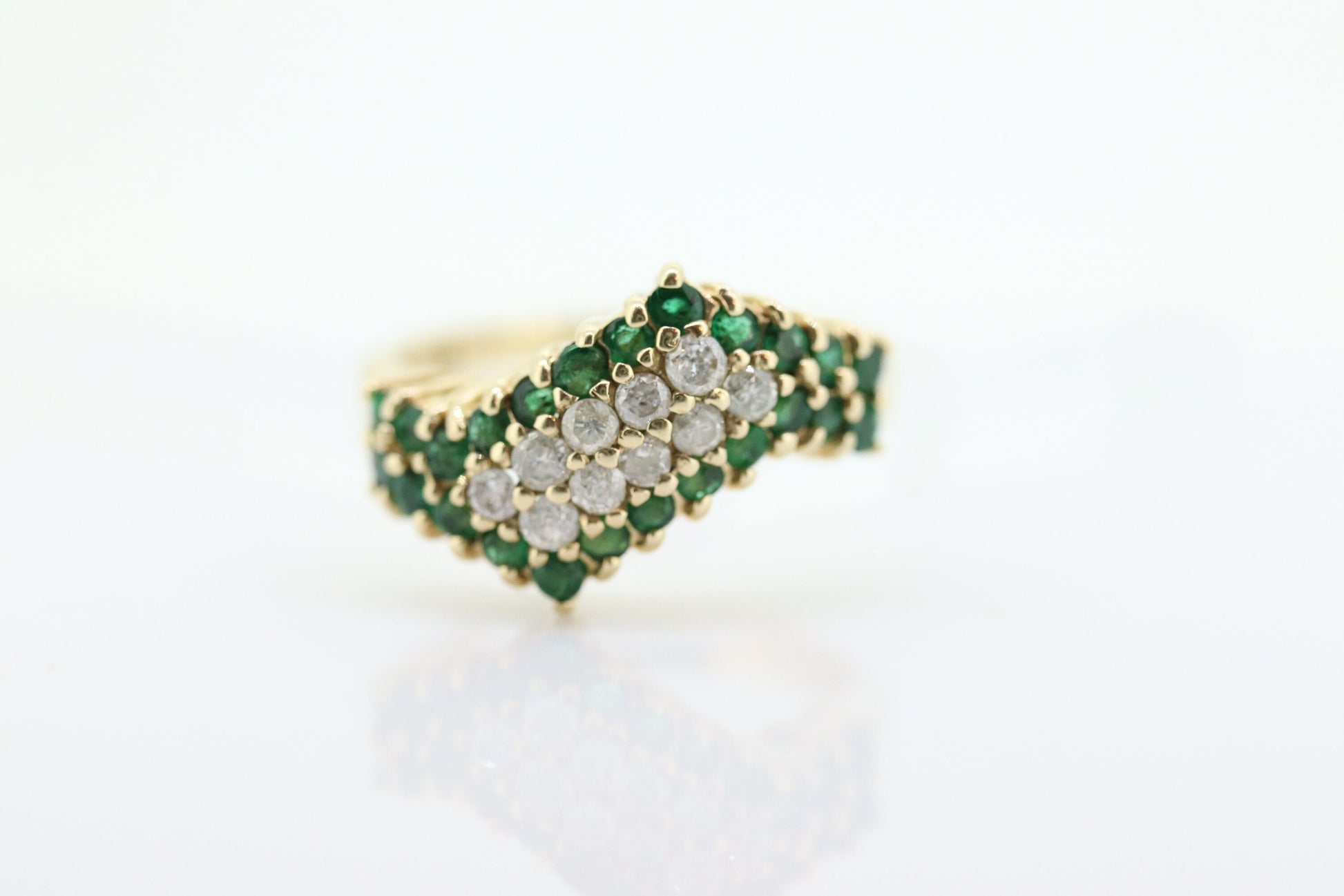 10k Diamond Emerald Pave Encrusted Band. 10k Yellow Gold Diamond Emerald Dome bypass Cluster band. st(110)