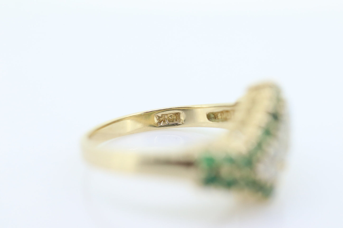 10k Diamond Emerald Pave Encrusted Band. 10k Yellow Gold Diamond Emerald Dome bypass Cluster band. st(110)