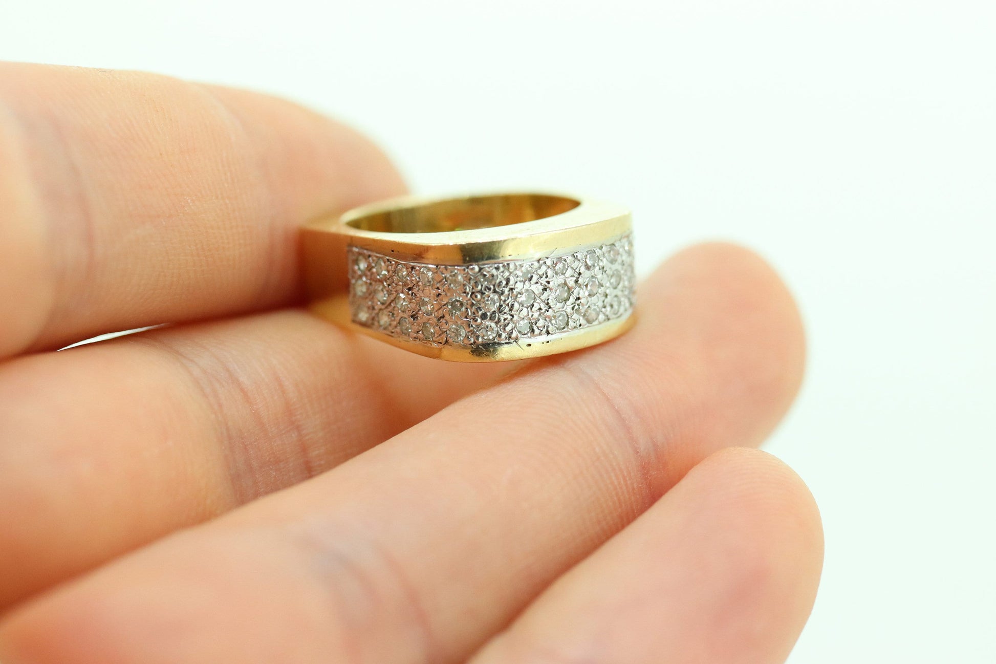 14k Diamond Pave Encrusted Band. Heavy Wide diamond 3 row pave ring. Euro Shank Flat Bottom Wide Comfortable. st(230)