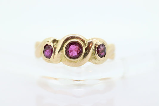 Antique 14k Ruby Ring. Bezel set Triple Ruby ring. 14k yellow gold and Trio Trinity Trilogy Ruby bezel set. Wide ruby band. st(109)