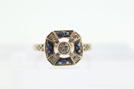 Antique ring. 10k diamond and sapphire shield ring. 10k White Gold Art Deco Square Target diamond shield ring. st(196)