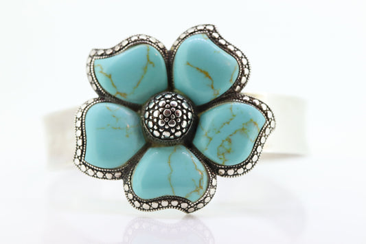 Large Turquoise FLOWER Bangle Cuff Bracelet. Sterling Silver Turquoise Flower Bangle. bead work. st(32)