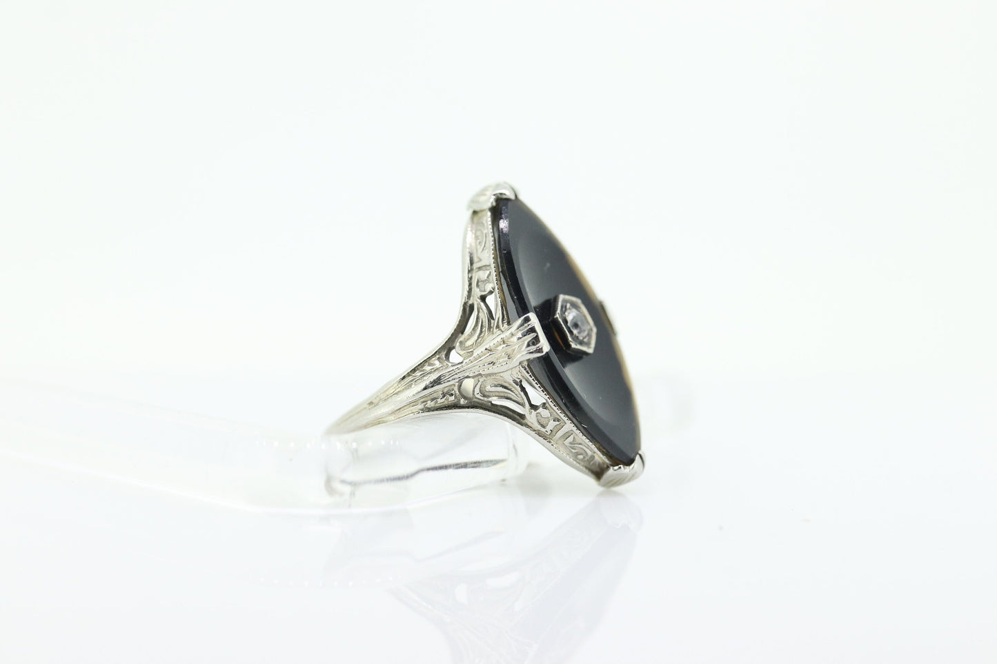 Art Deco Onyx and Sapphire Ring. 14k Filigree White Gold Marquise Onyx and White Sapphire ring. Mourning ring (st230)