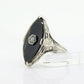 Art Deco Onyx and Sapphire Ring. 14k Filigree White Gold Marquise Onyx and White Sapphire ring. Mourning ring (st230)