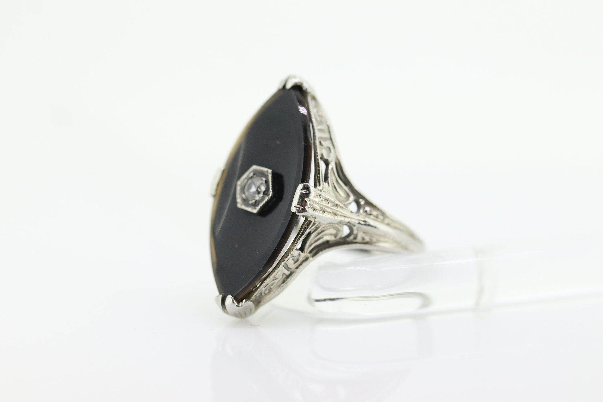 Art Deco Onyx and Sapphire Ring. 14k Filigree White Gold Marquise Onyx and White Sapphire ring. Mourning ring (st230)