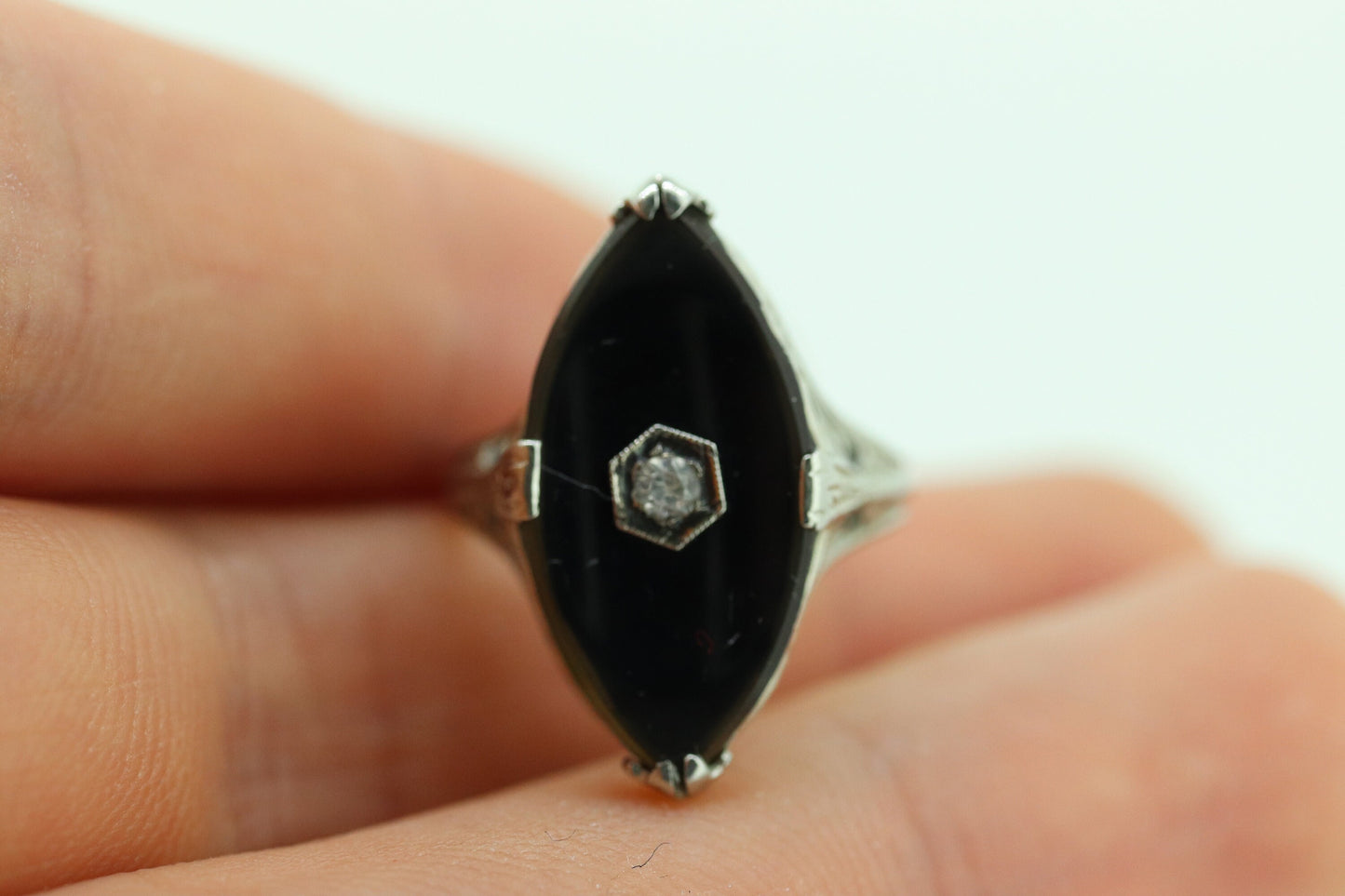 Art Deco Onyx and Sapphire Ring. 14k Filigree White Gold Marquise Onyx and White Sapphire ring. Mourning ring (st230)