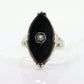 Art Deco Onyx and Sapphire Ring. 14k Filigree White Gold Marquise Onyx and White Sapphire ring. Mourning ring (st230)