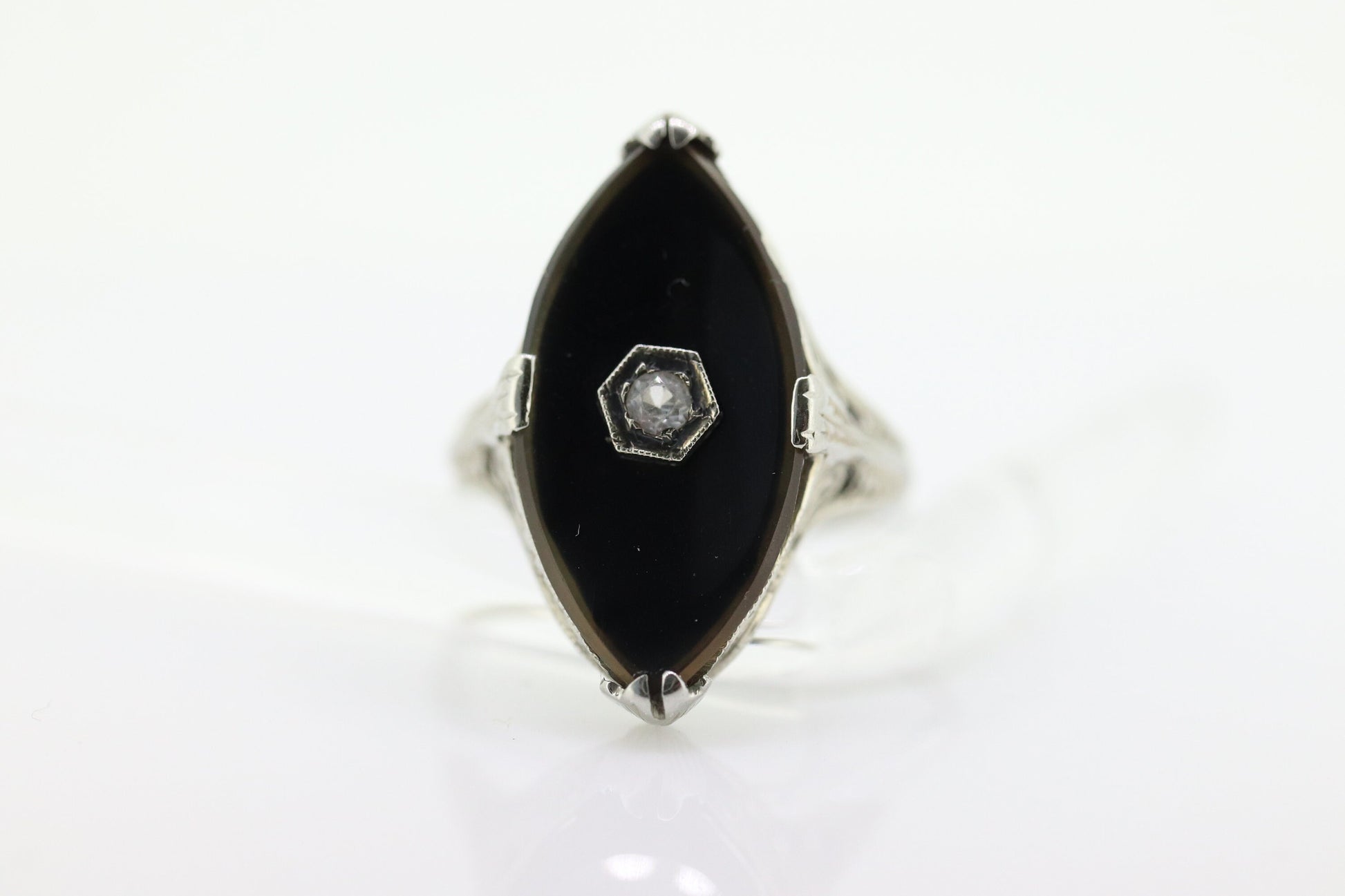 Art Deco Onyx and Sapphire Ring. 14k Filigree White Gold Marquise Onyx and White Sapphire ring. Mourning ring (st230)