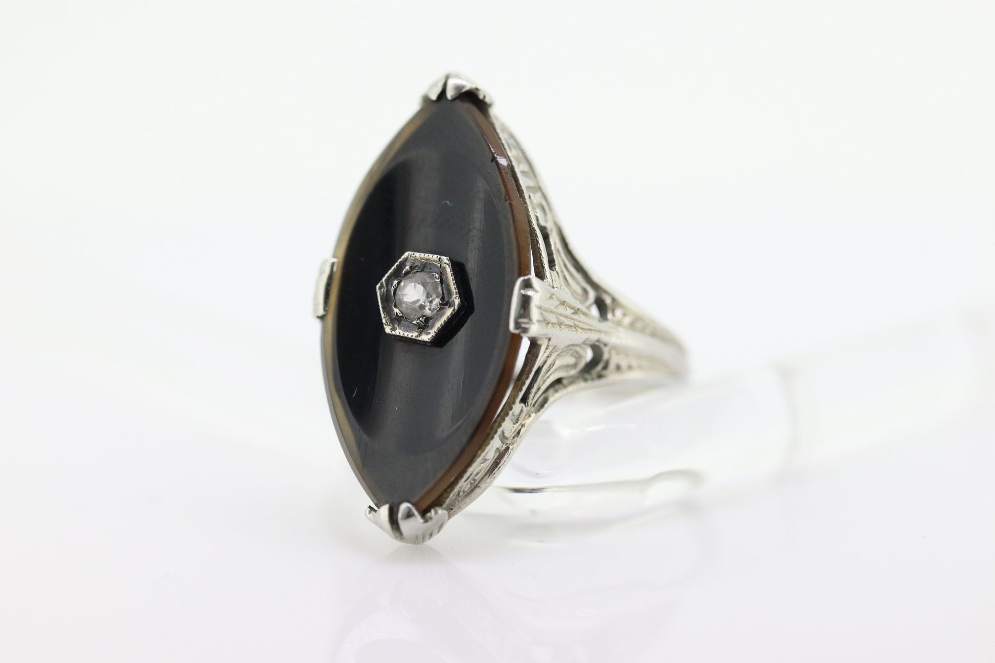 Art Deco Onyx and Sapphire Ring. 14k Filigree White Gold Marquise Onyx and White Sapphire ring. Mourning ring (st230)