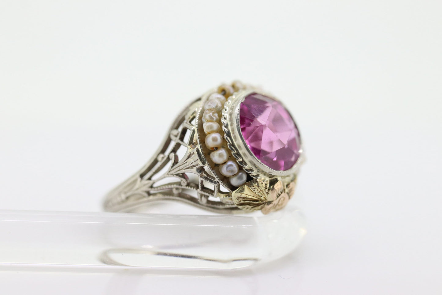 Antique 14k Gold Art Deco Sapphire ring. PINK SAPPHIRE Pearl seed enamel flower filigree ring. st(142)