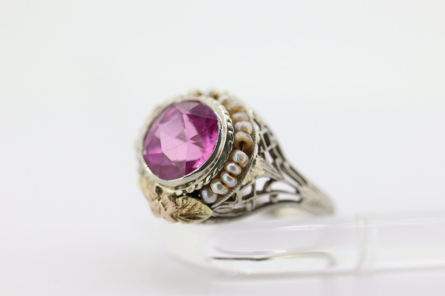 Antique 14k Gold Art Deco Sapphire ring. PINK SAPPHIRE Pearl seed enamel flower filigree ring. st(142)