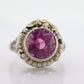 Antique 14k Gold Art Deco Sapphire ring. PINK SAPPHIRE Pearl seed enamel flower filigree ring. st(142)