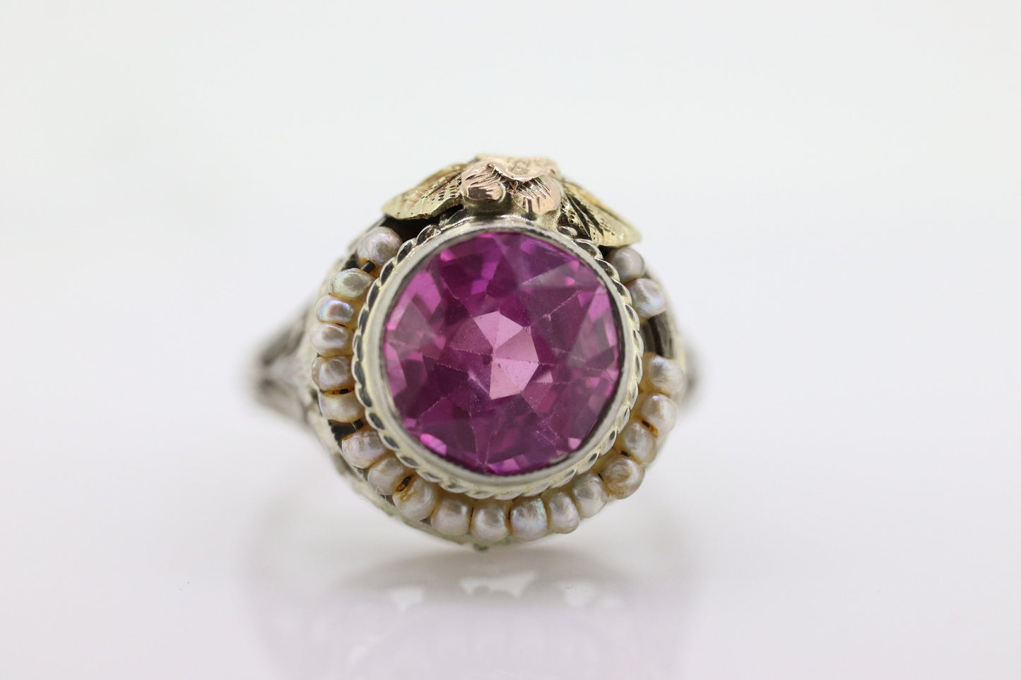 Antique 14k Gold Art Deco Sapphire ring. PINK SAPPHIRE Pearl seed enamel flower filigree ring. st(142)