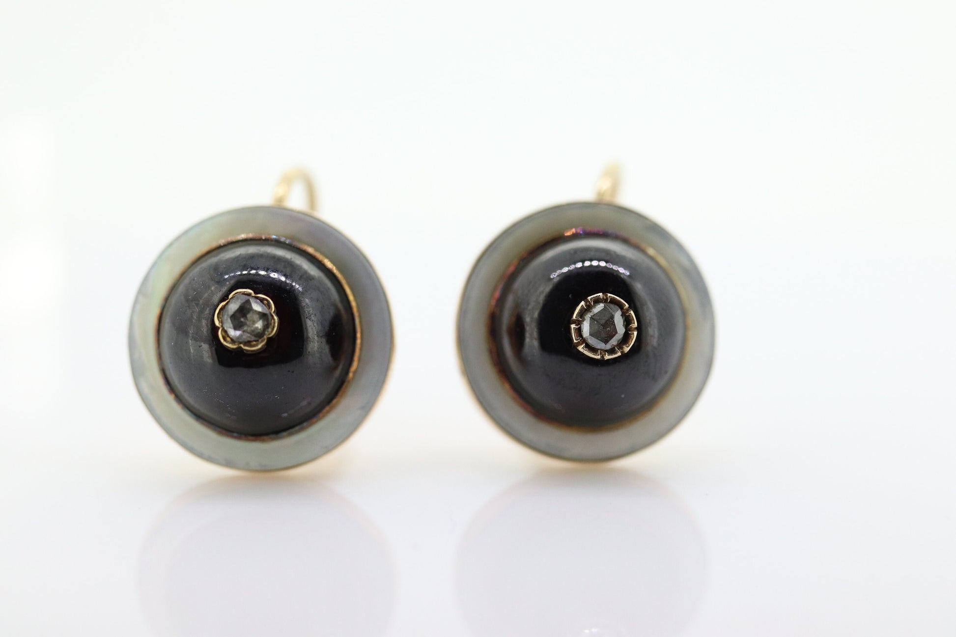 Antique Garnet Diamond Earrings. 10k Gold Victorian Etruscan Garnet Cabochon with Diamond center burst. MOP halo. st(59)